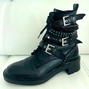 Zara Black Leather Studded Combat Boots